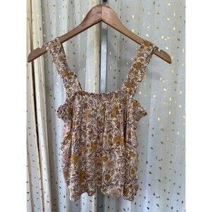 Aqua Quinn Smocked Crinkle Paisley Floral Square Neckline Peasant Tank Top S